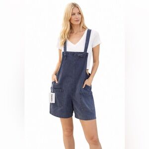 Zenana Denim Overall Shorts + Zenana White Cropped Top Set